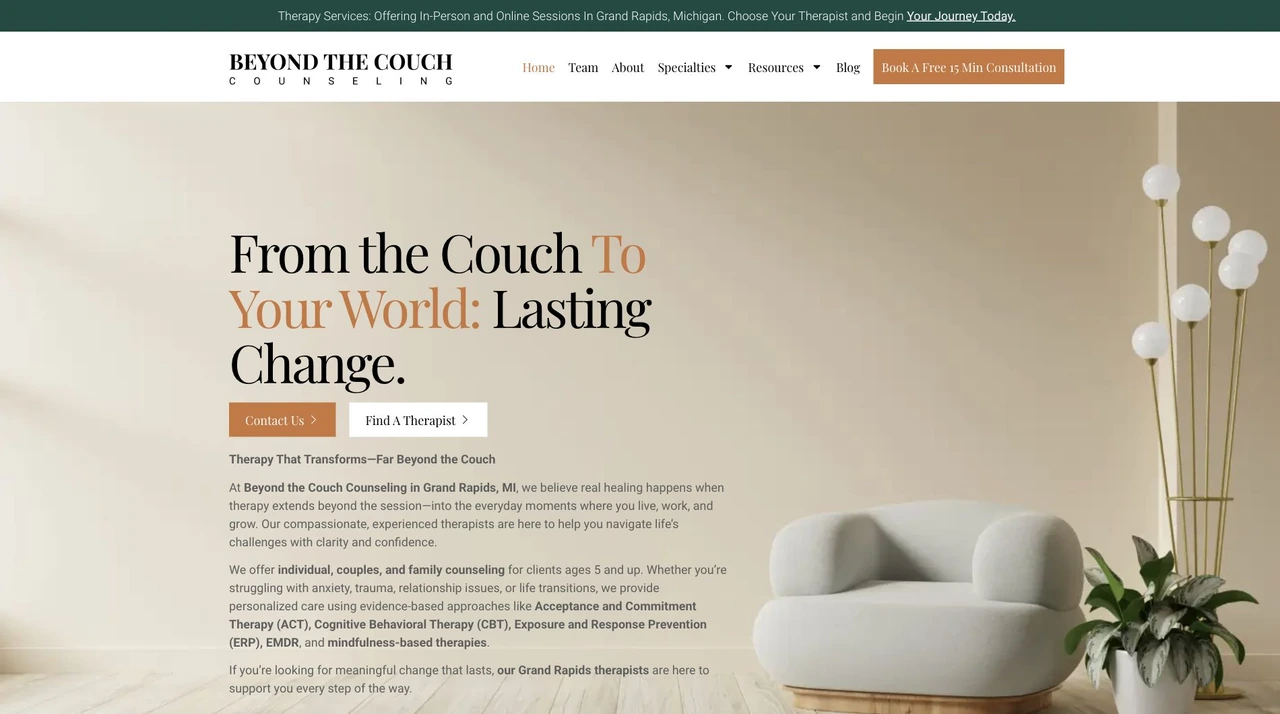 Beyond the Couch Counseling homepage design