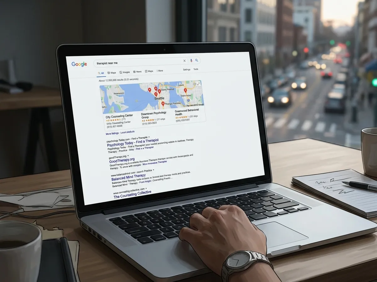 Search results for a local therapist query with no private practice website visible.