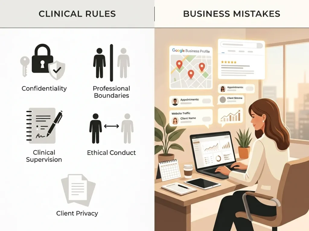 Seven business mistakes therapists should avoid alongside the clinical rules they already know." (Replaces the mismatched "care for existing clients
