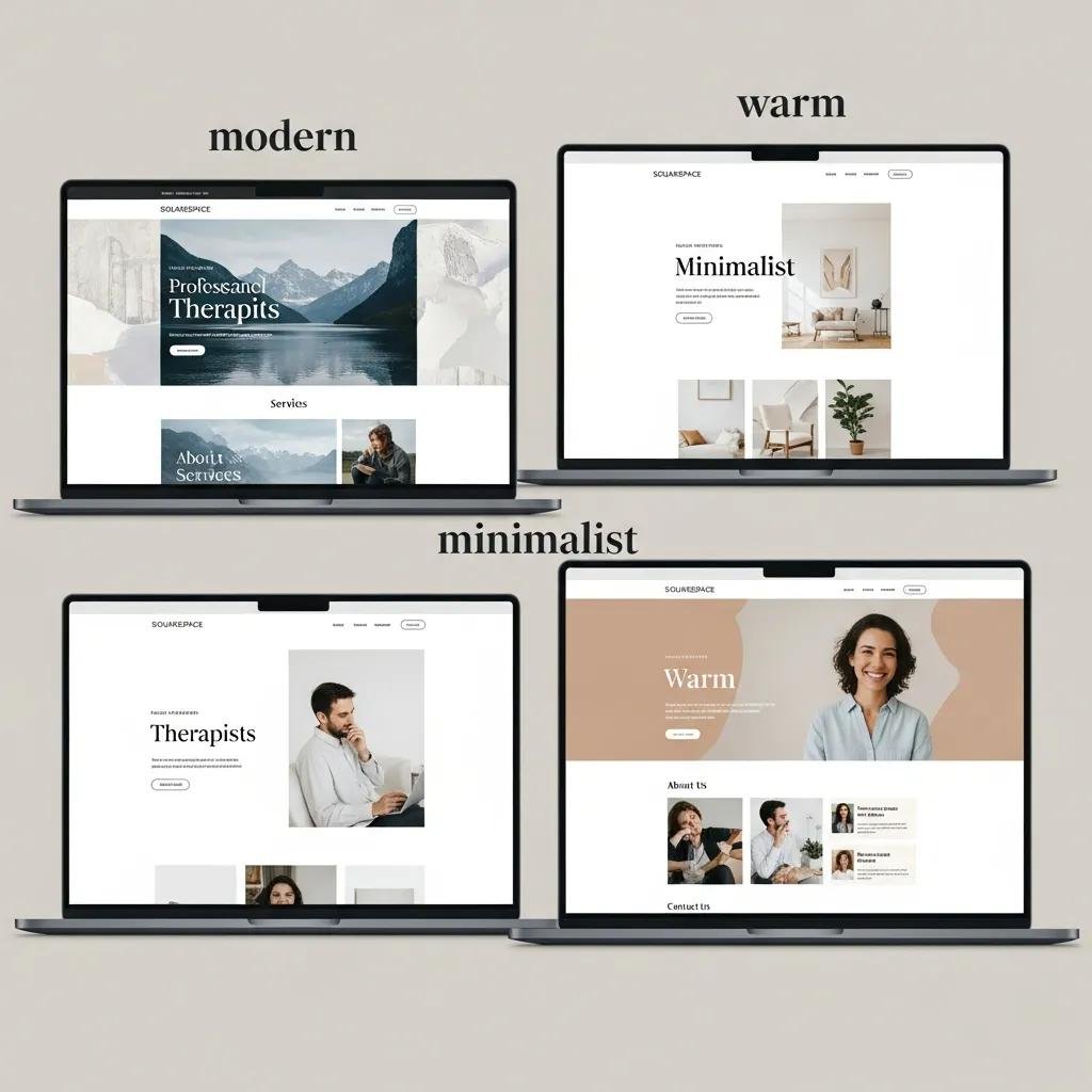 Collage showing calm Squarespace templates and clean typography suitable for therapy sites