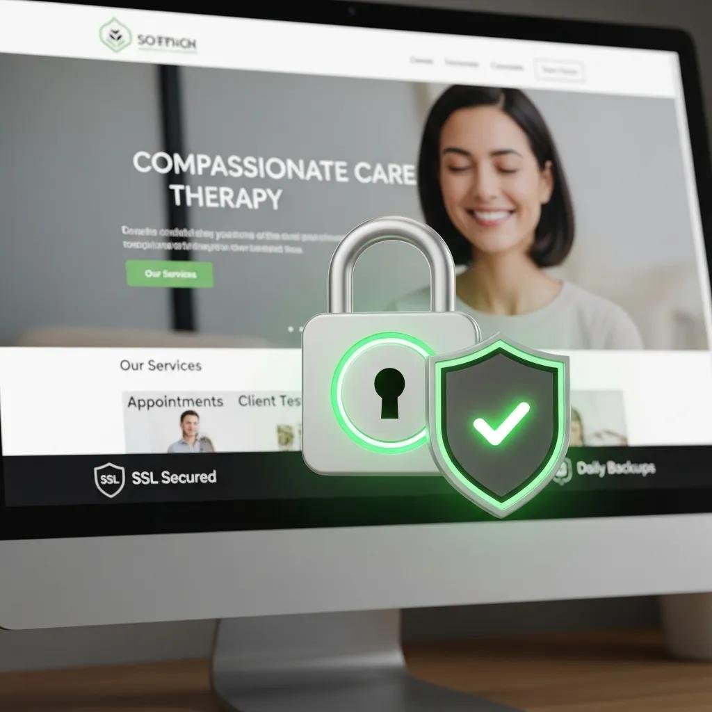 Illustration of a digital lock and shield to represent website security, SSL, and data protection for therapists