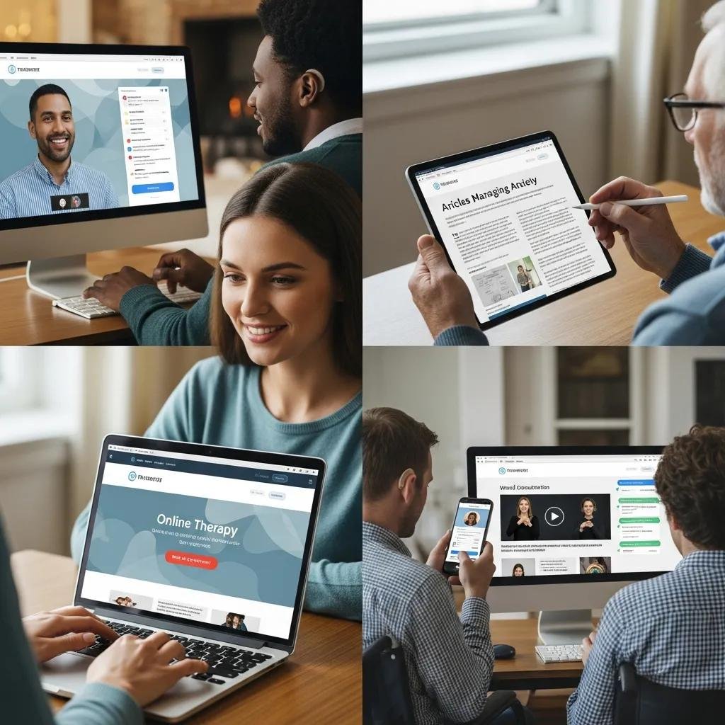 People accessing a therapist's website across phone, tablet, and laptop