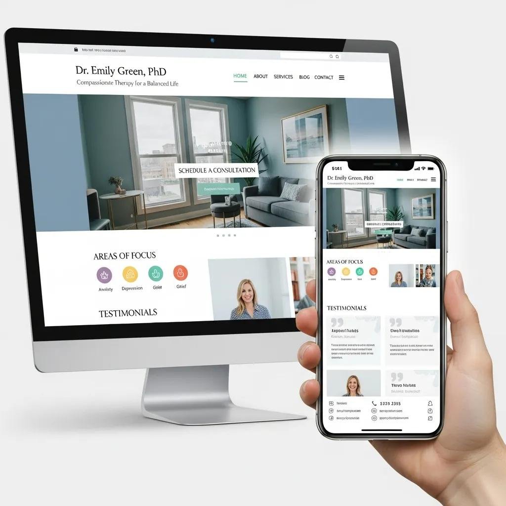 Therapist website shown on desktop and mobile screens to illustrate responsive, user-centered design