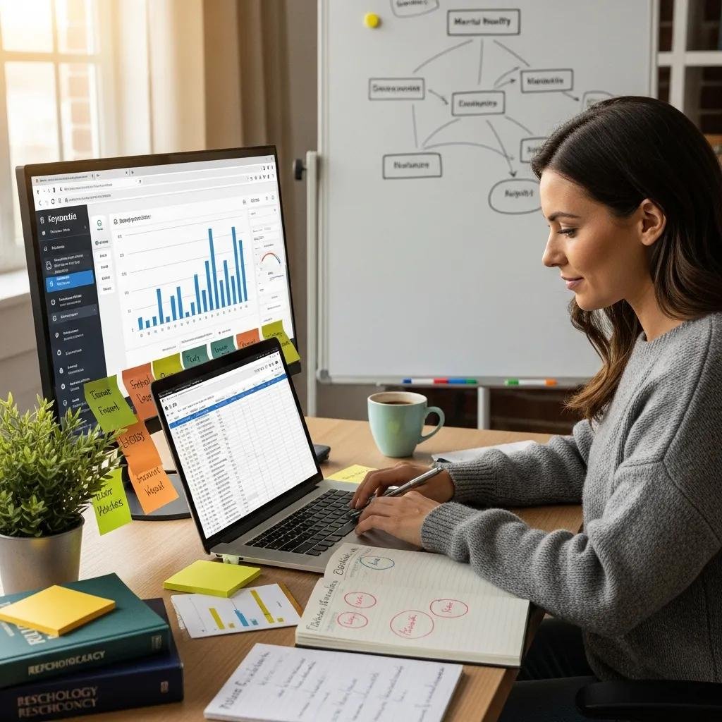 Person reviewing keyword data and notes at a tidy desk