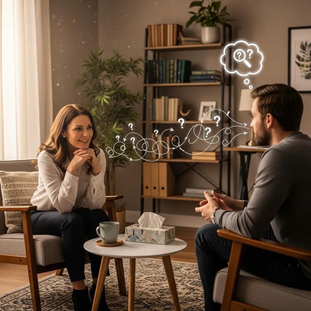 Therapist listening to client in a cozy office, highlighting the importance of understanding search intent in therapy SEO