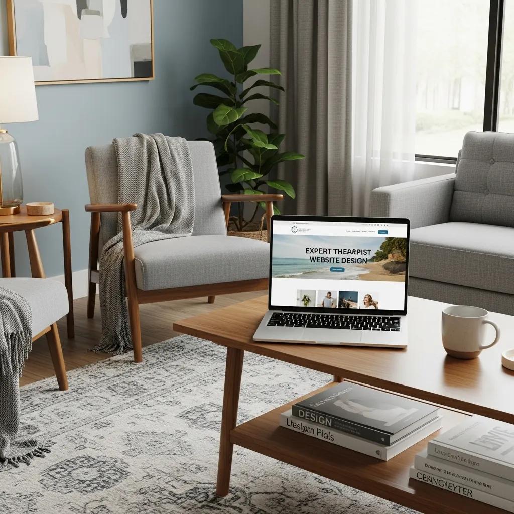 Therapist office with a laptop showcasing a professional website design