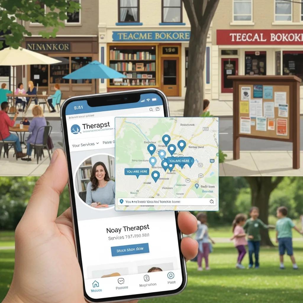 Smartphone showing a therapist website and a local map pin