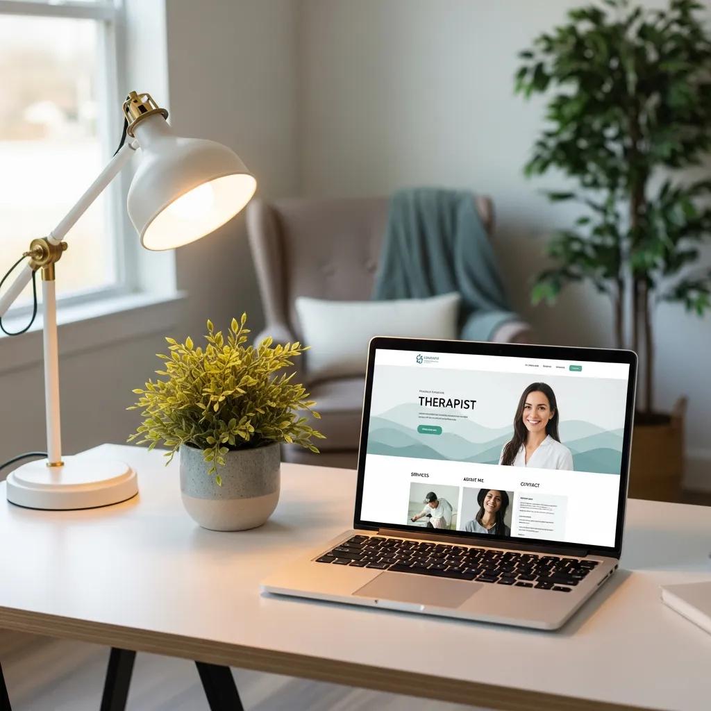 Therapist's workspace with a laptop displaying a therapy website, symbolizing website maintenance and professionalism