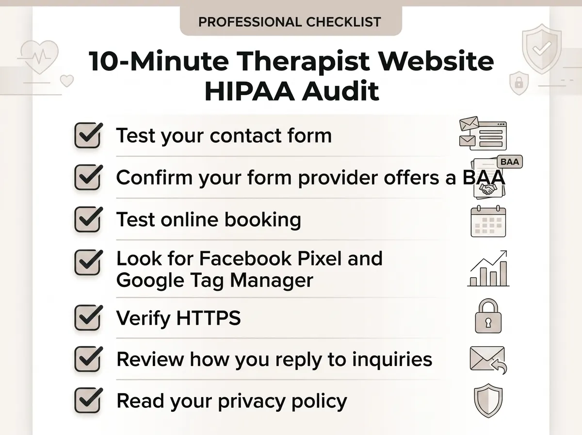 Seven-step HIPAA audit checklist for an existing therapy website.
