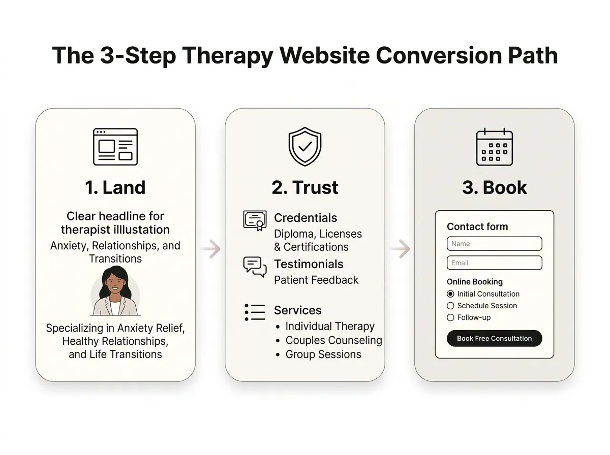 Three-step conversion path in a therapy website template