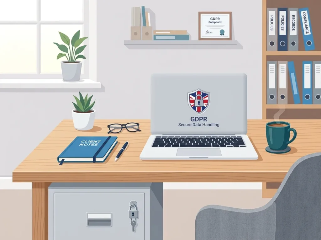 Counsellor's desk with laptop and locked filing cabinet, representing GDPR compliance for therapists
