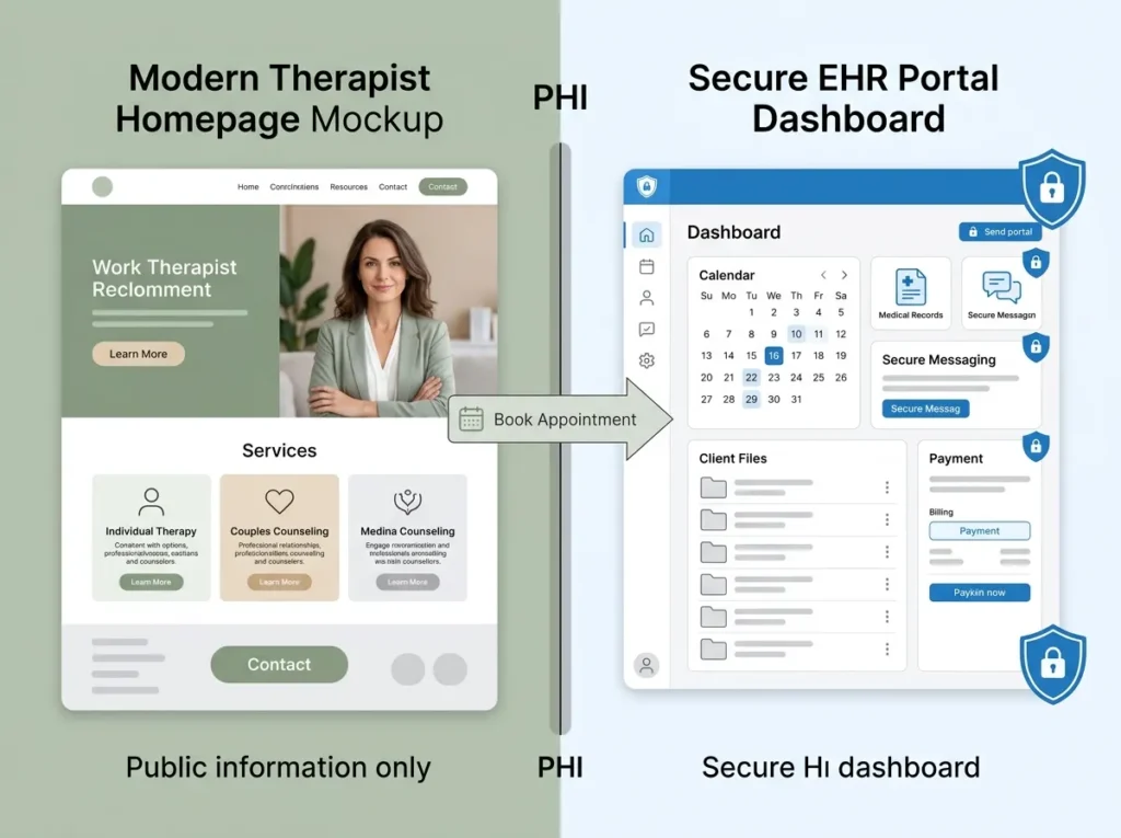 Diagram of the PHI boundary between a therapist website and an EHR.
