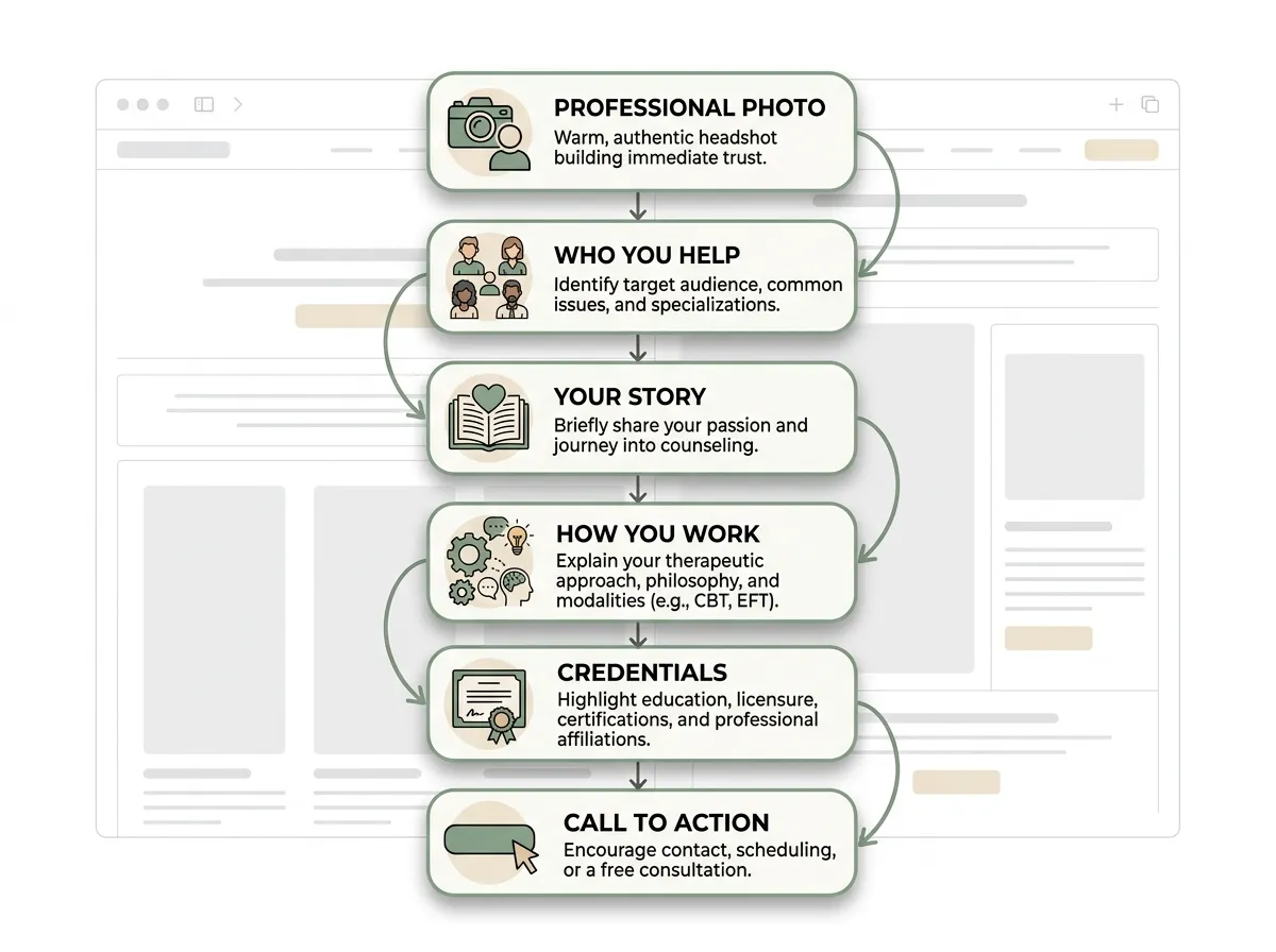 Six sections of an effective therapist About page in order.