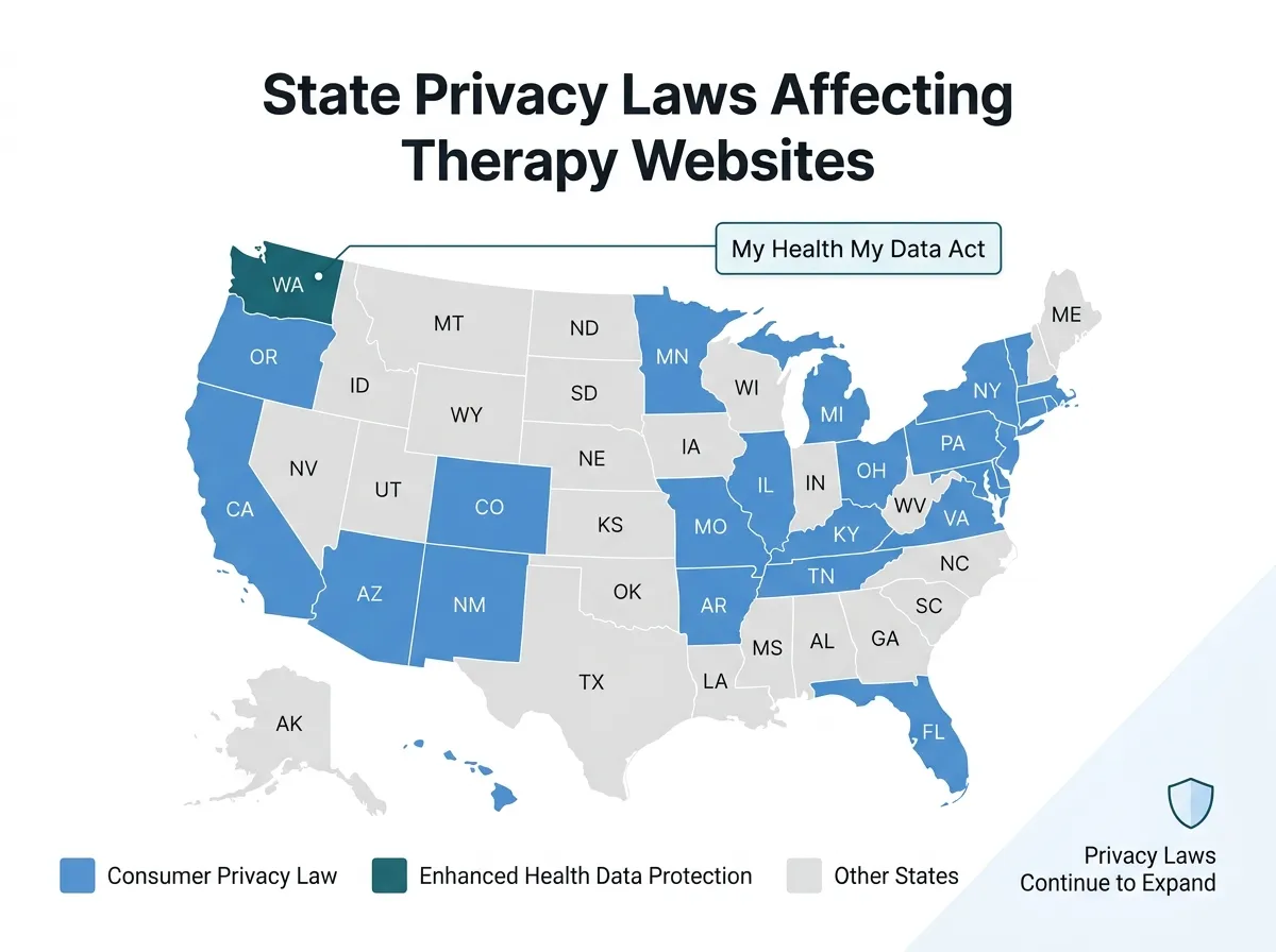US states with consumer privacy laws relevant to therapists