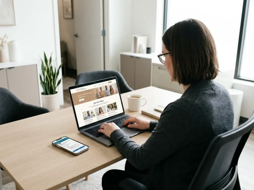 Clinician researching a group practice website while considering a mental health career move
