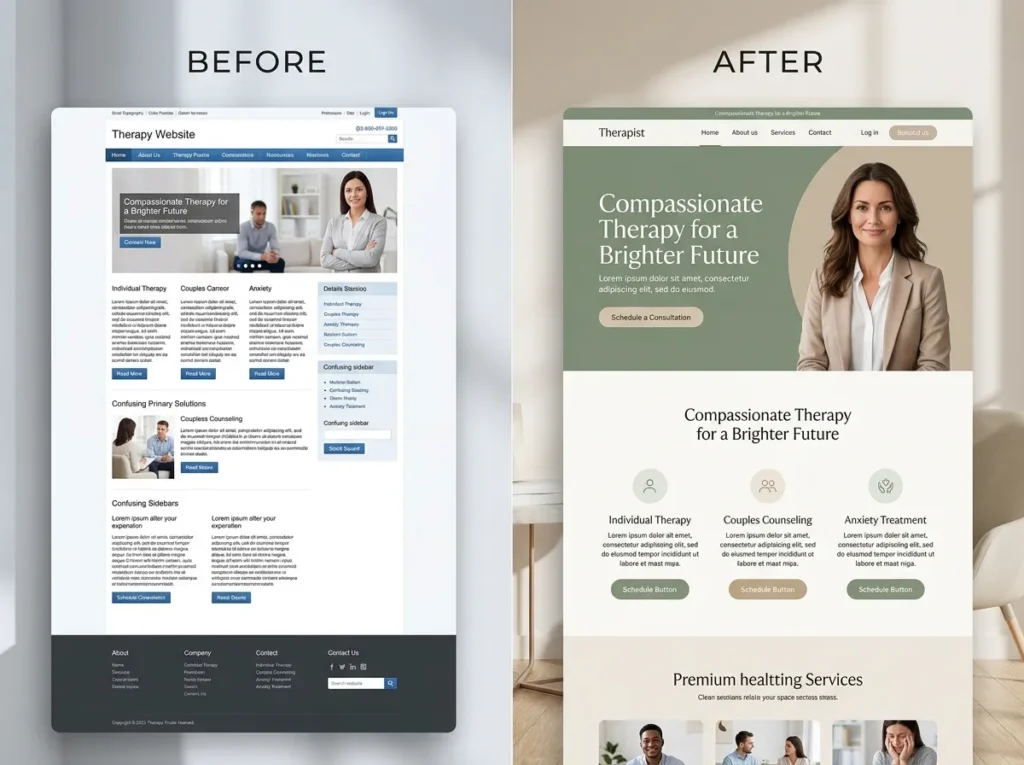Before and after of the Brave Soul Therapy website revamp by Therapeia.