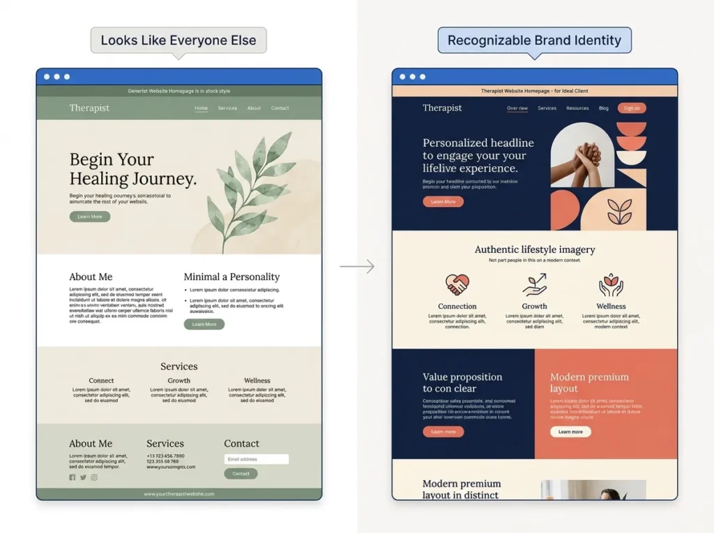 Generic therapy website next to a distinct therapist brand identity