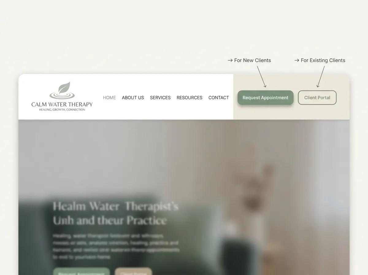 Therapist website header with separate booking and client portal buttons
