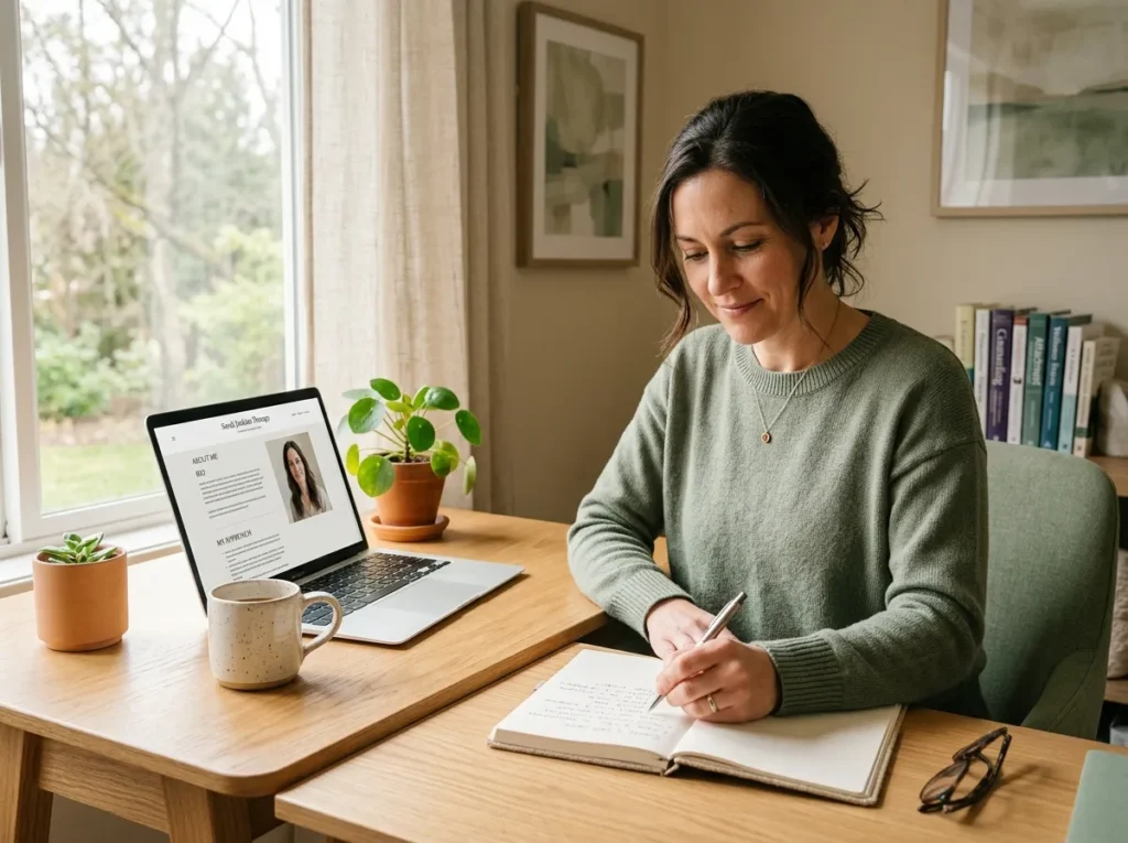 Therapist drafting the About page for her practice website.