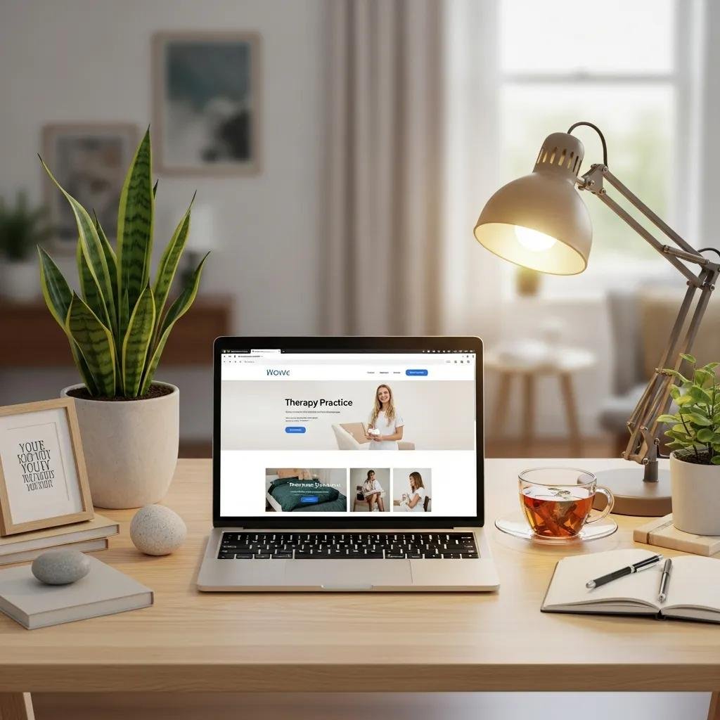 A calming workspace with a laptop displaying a website builder, symbolizing online presence for therapists