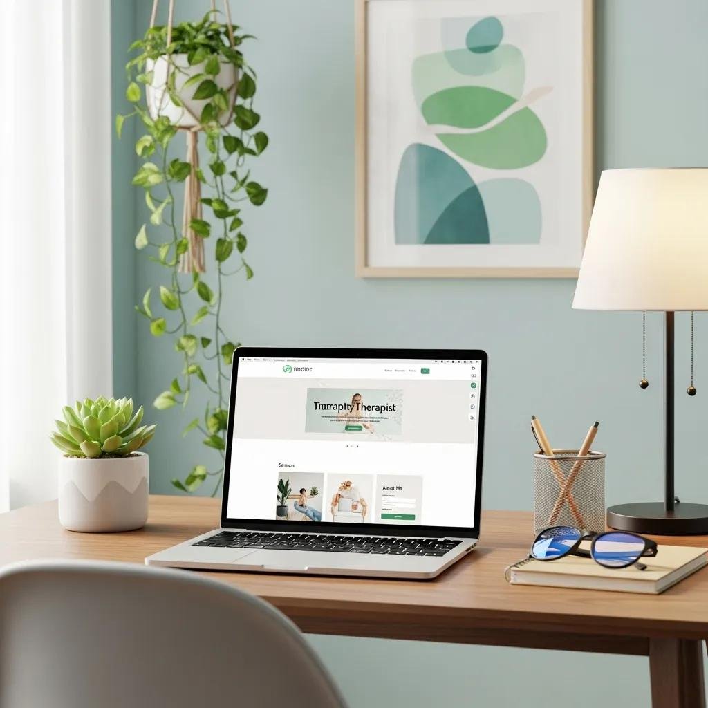 A calming workspace with a laptop displaying a website design, representing online presence for therapists and coaches