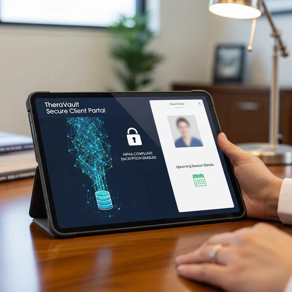 A secure digital interface on a tablet, highlighting HIPAA compliance features for therapist websites