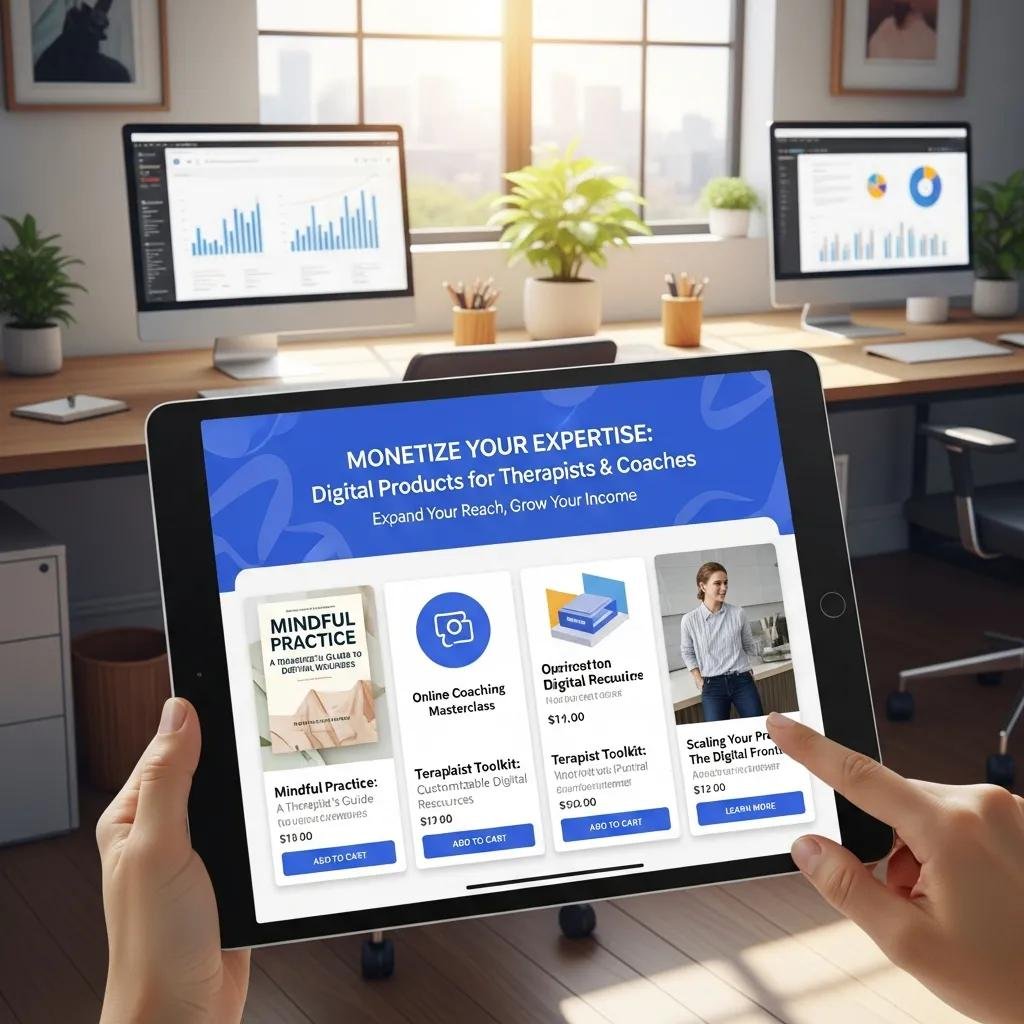 A tablet displaying an e-commerce interface for digital products, illustrating Shopify's capabilities for therapists and coaches