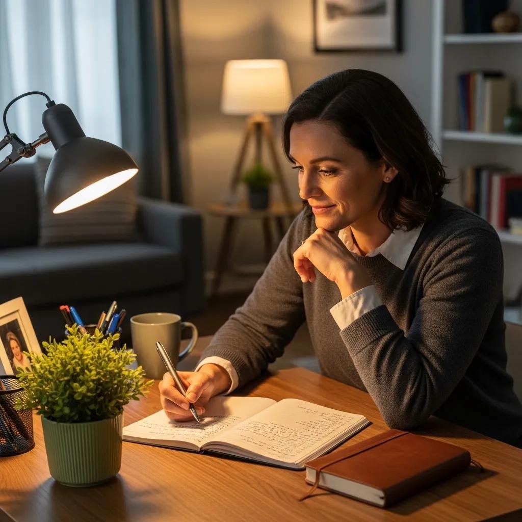 A therapist reflecting on burnout signs in a supportive and organized workspace