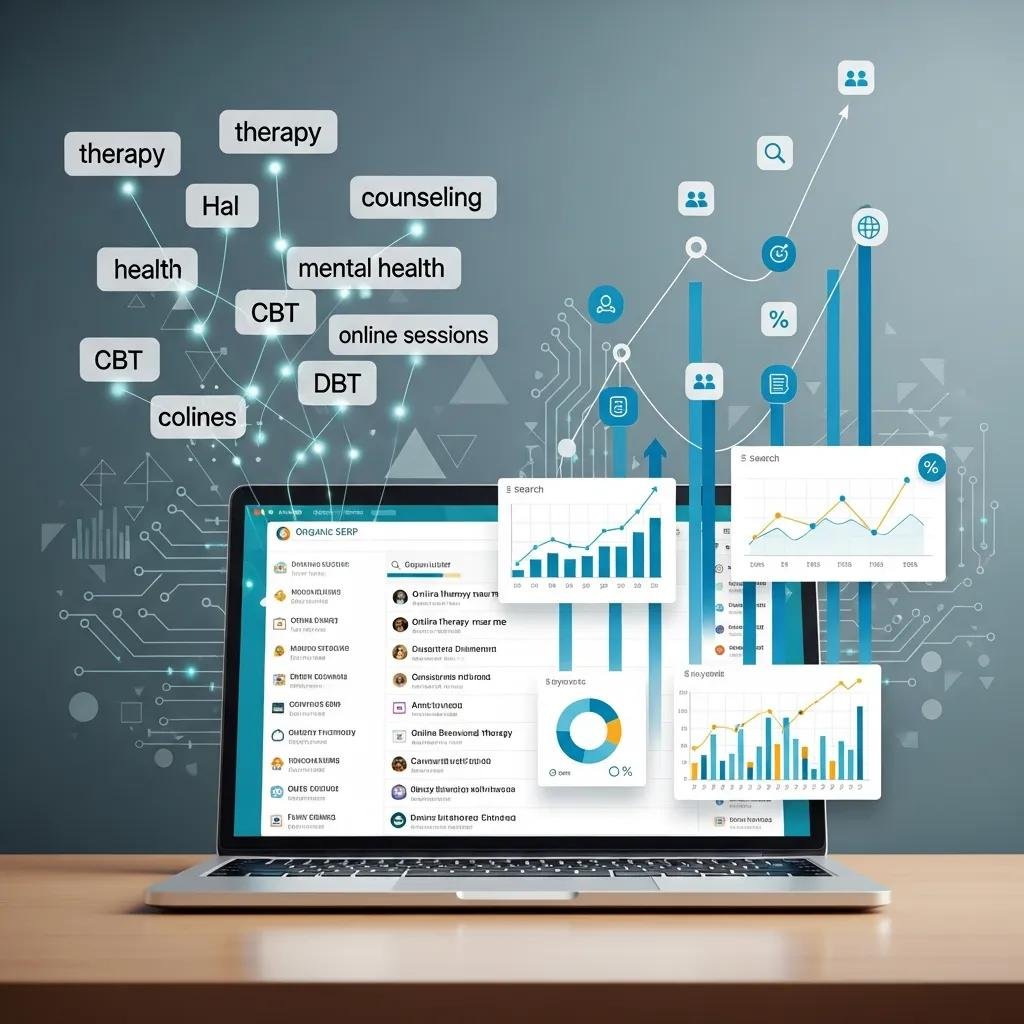 Abstract representation of digital marketing strategies with laptop and SEO elements, focusing on therapy websites