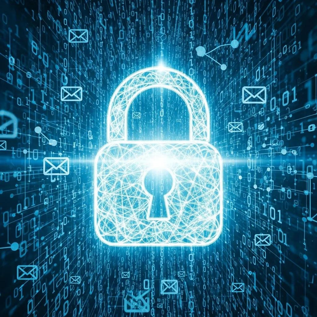 Abstract representation of digital security with a lock symbol and binary code