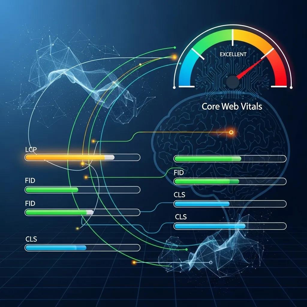 Abstract visualization of web performance metrics representing Core Web Vitals, highlighting their impact on therapy websites