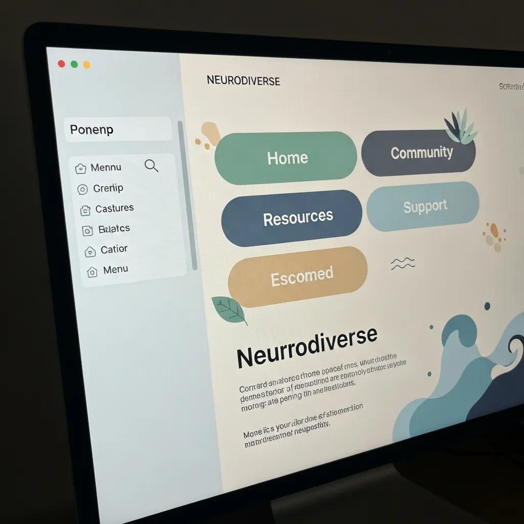 Calming website interface designed for neurodiverse users, showcasing simple layout and clear navigation