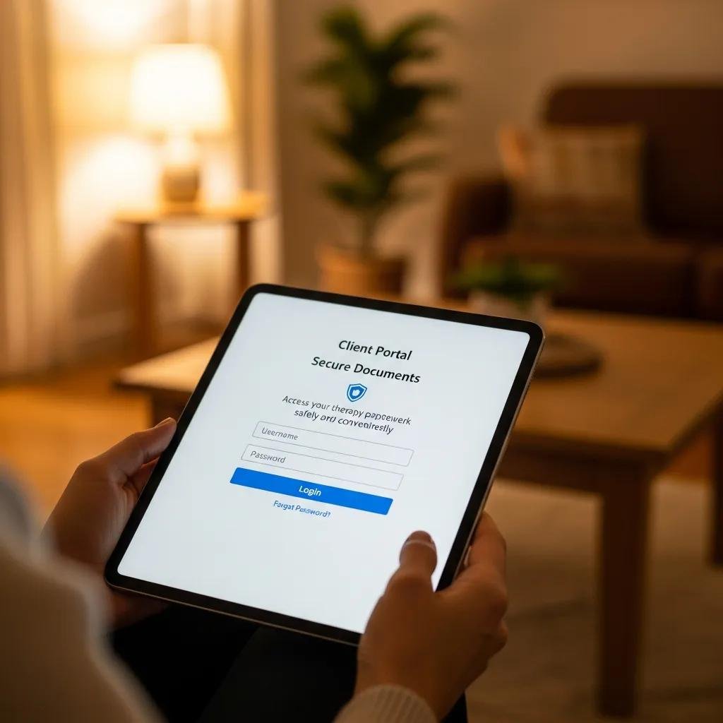 Client accessing a secure document management portal on a tablet in a cozy home setting