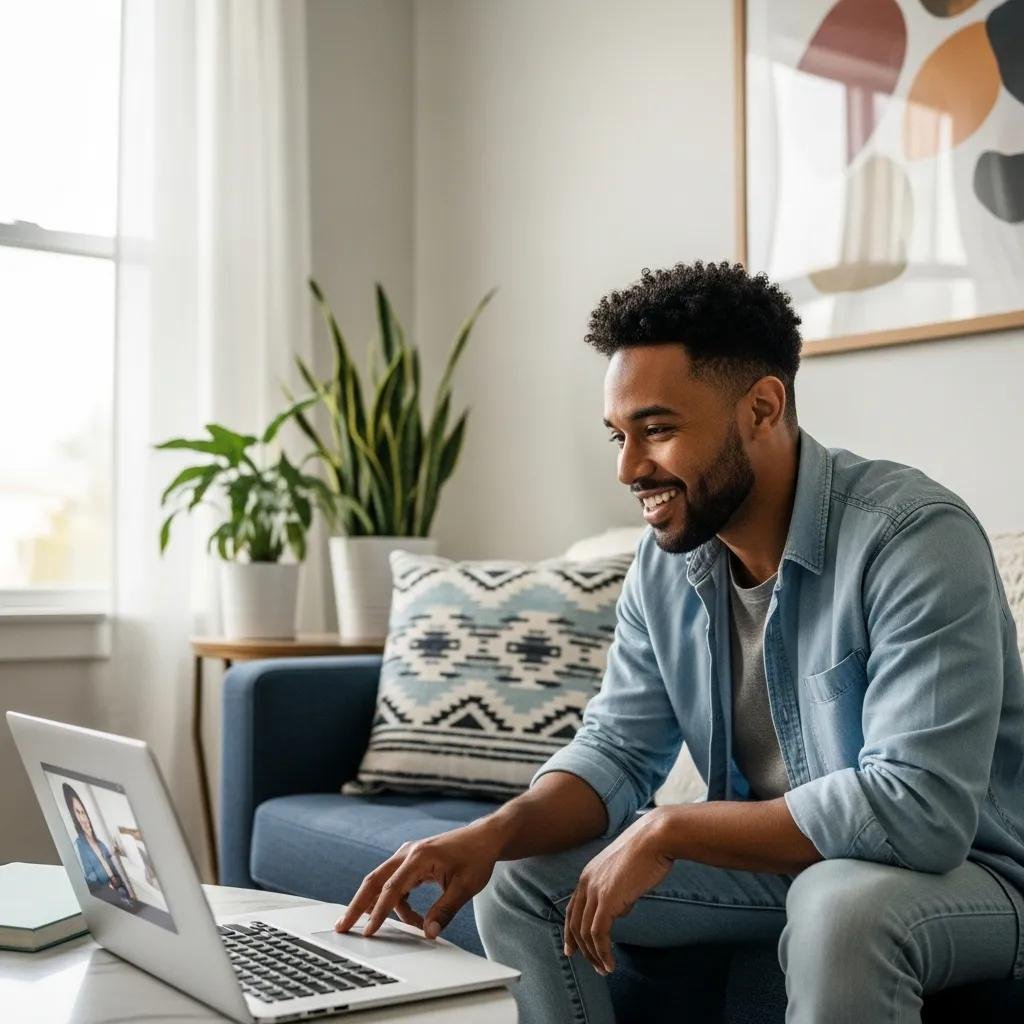 Client enjoying a telehealth session from home, illustrating the benefits of remote therapy access