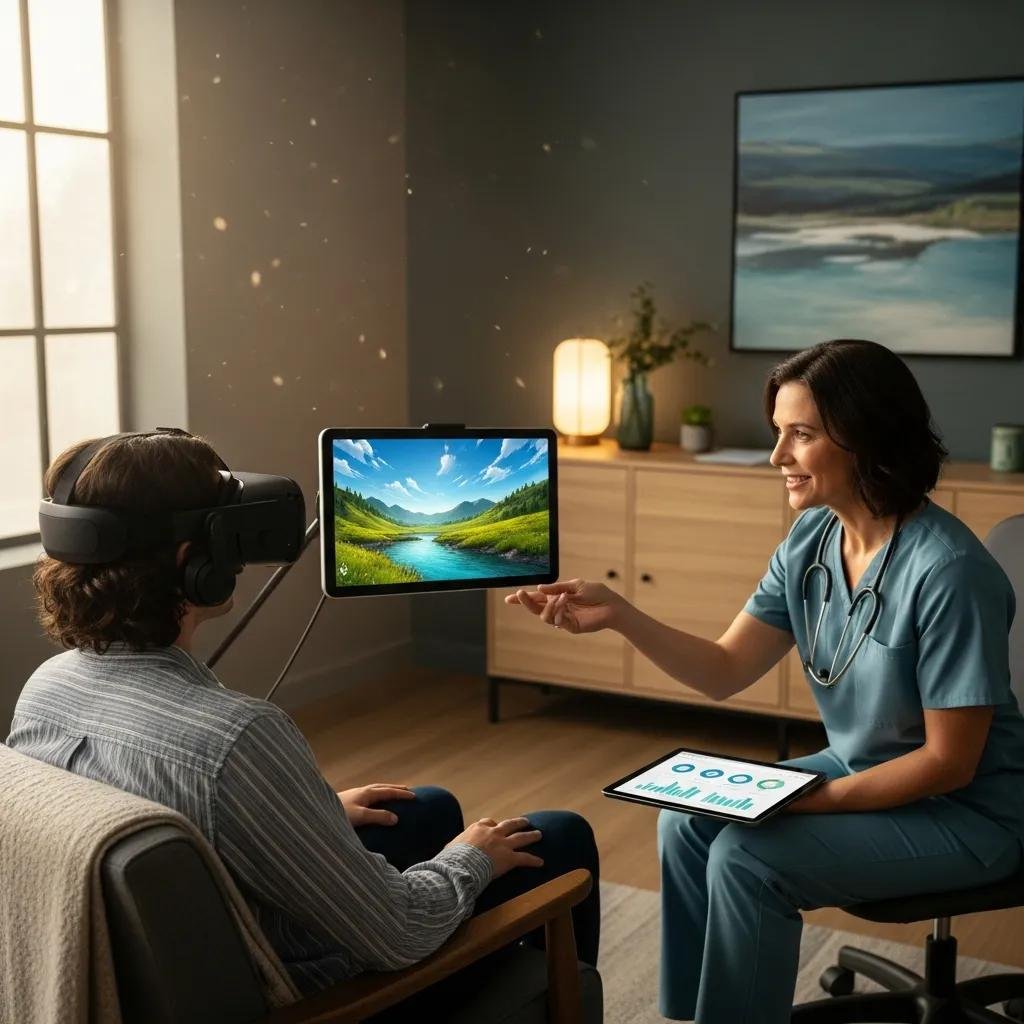 Client experiencing virtual reality therapy with therapist guidance