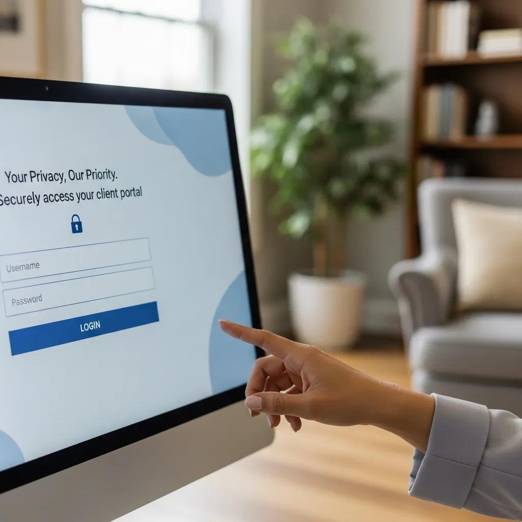 Close-up of a secure client portal interface on a computer screen, highlighting HIPAA compliance in therapy websites
