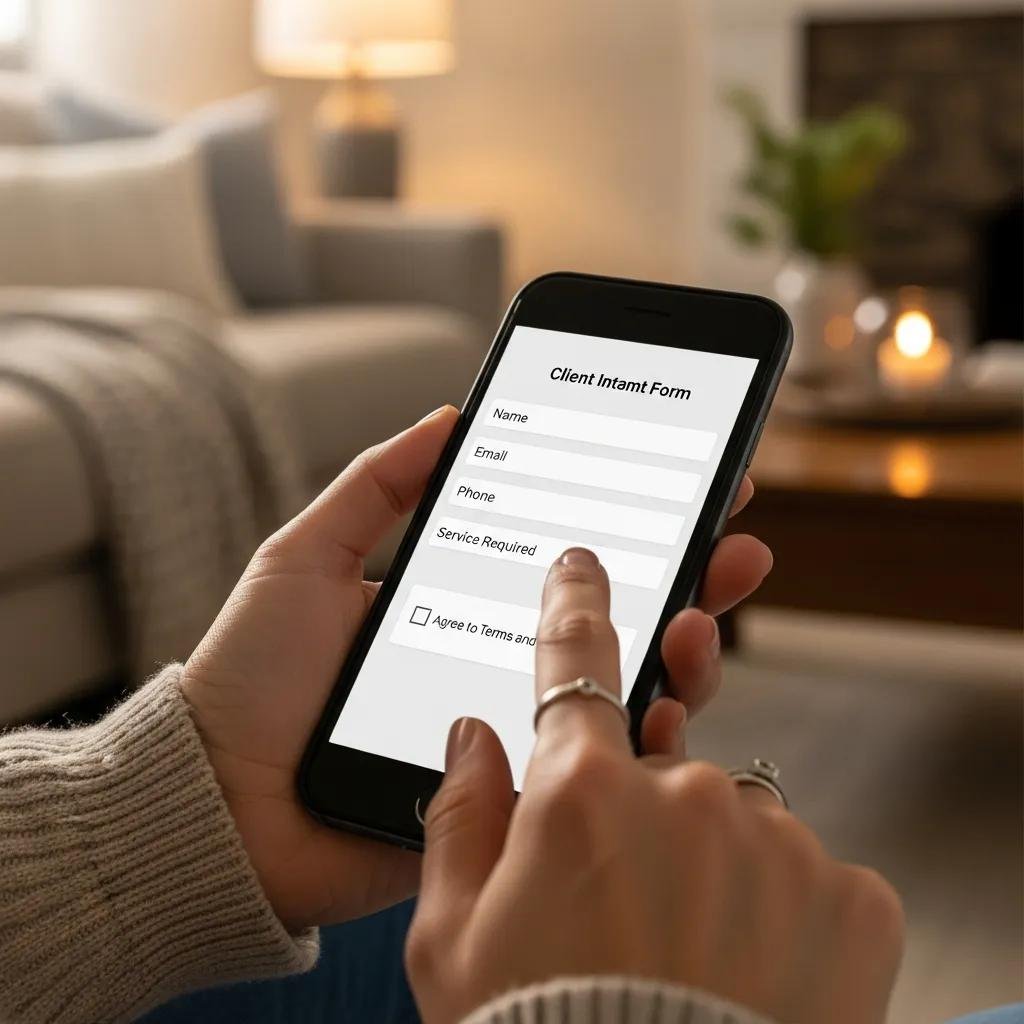 Close-up of a smartphone showing a digital client intake form, highlighting convenience and user experience