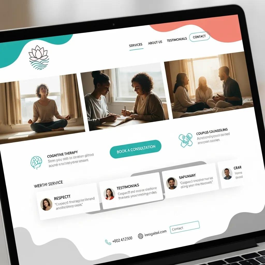 Close-up of a therapist's website homepage showcasing visual branding and intuitive navigation for client engagement