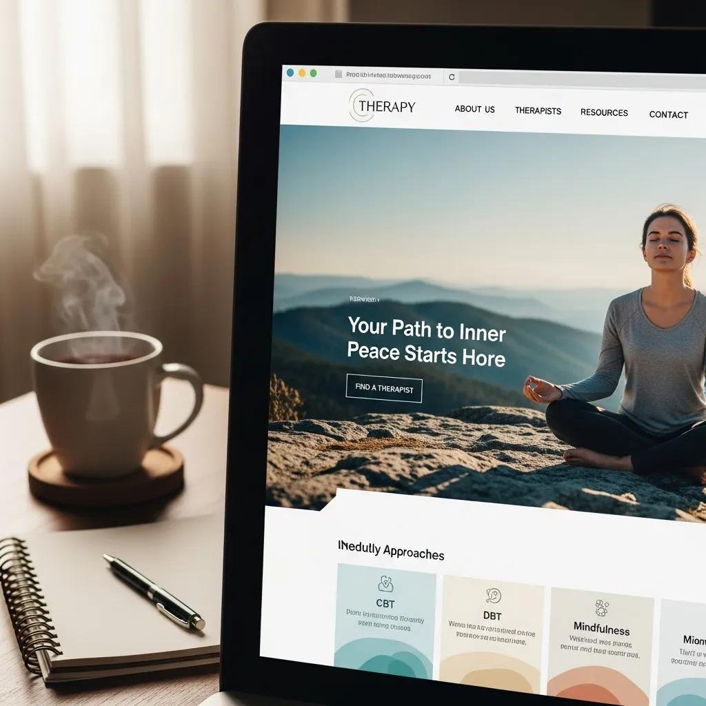 Close-up of a therapy website design on a computer screen in a cozy workspace