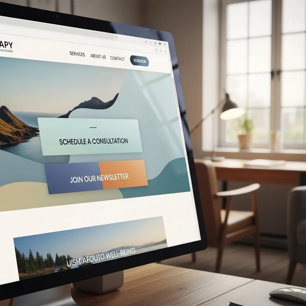 Close-up of a therapy website on a computer screen, highlighting effective call-to-action buttons for client engagement