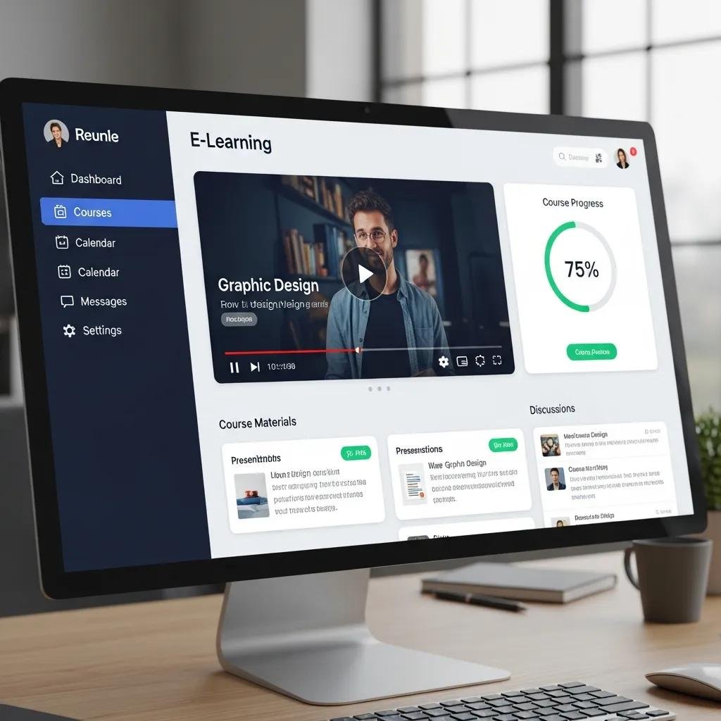 Close-up of an e-learning platform screen highlighting key features for therapists and coaches