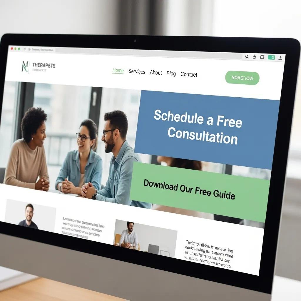 Close-up of therapist website with clear calls-to-action, emphasizing user-friendly design