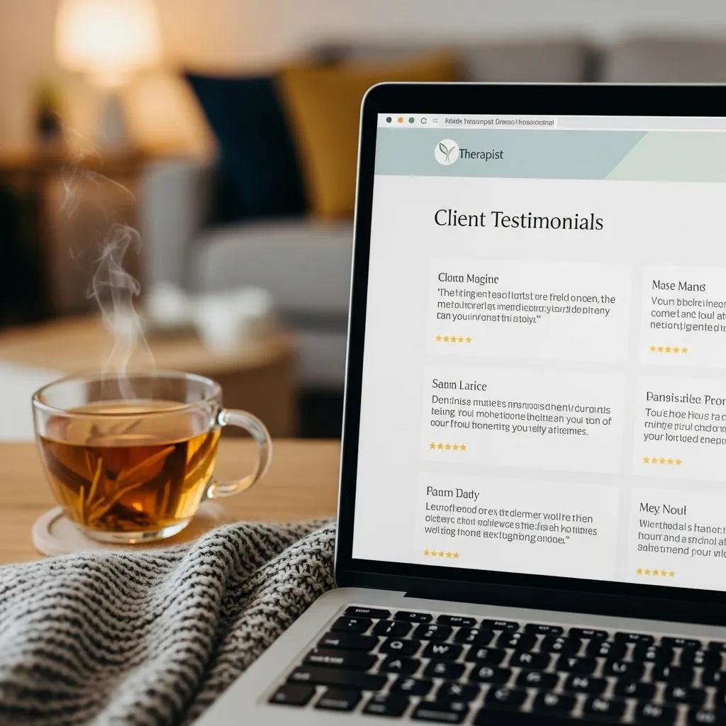 Close-up of therapist's website showcasing client testimonials, emphasizing social proof and client confidence