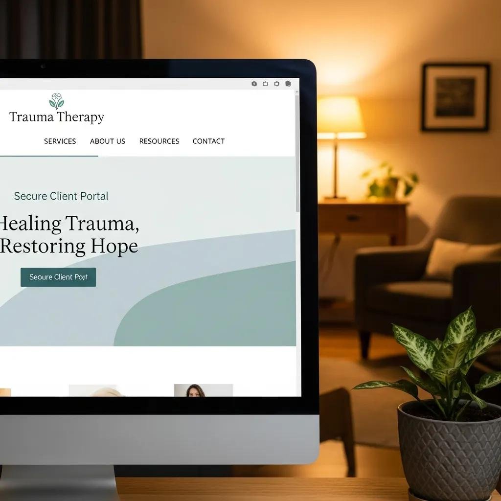 Close-up of trauma therapy website features highlighting secure client portal and compassionate design