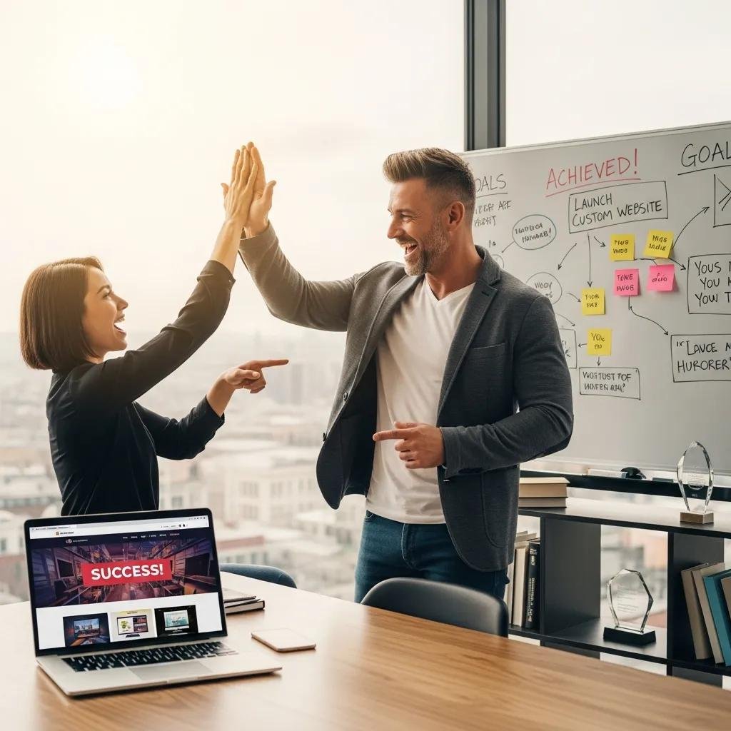 Coach celebrating success with a client, highlighting the transformative outcomes of custom website design