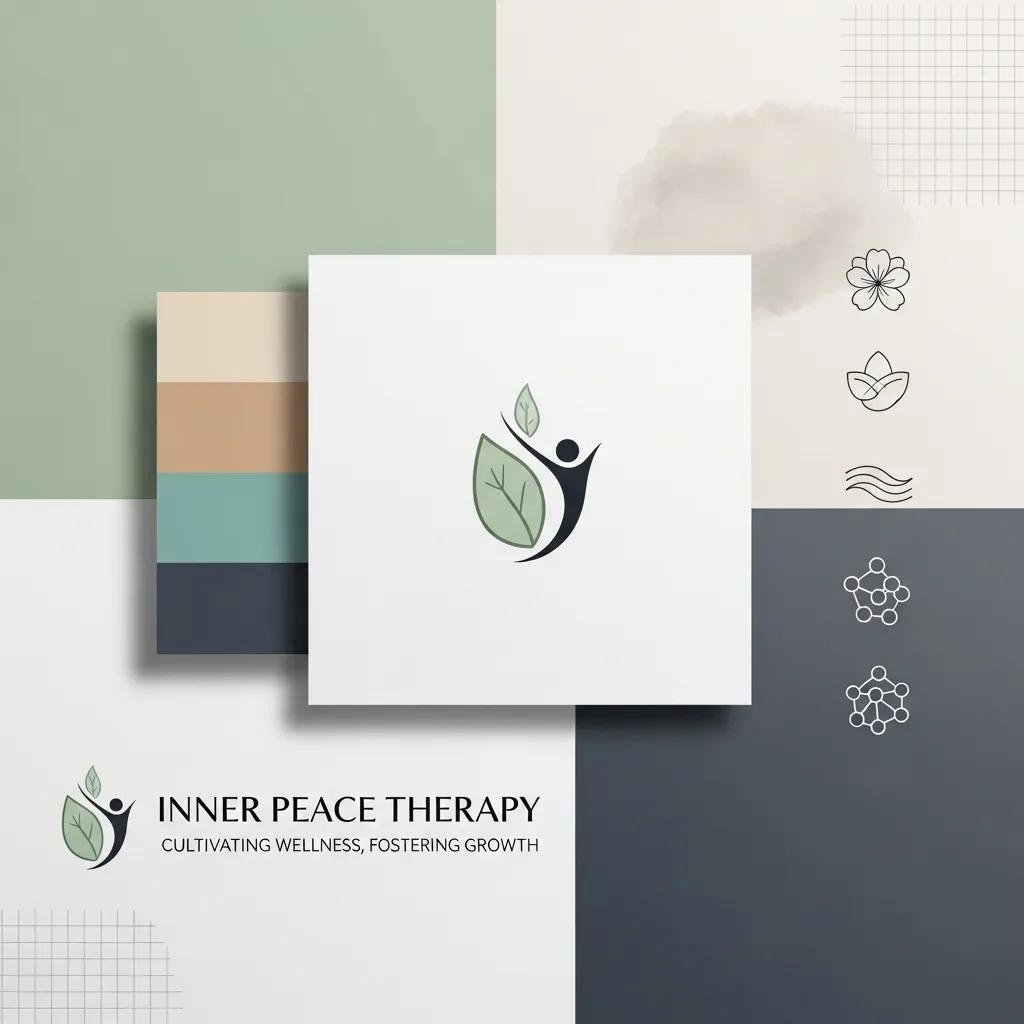 Collage of branding elements including logos and color palettes, illustrating visual branding for therapy practices