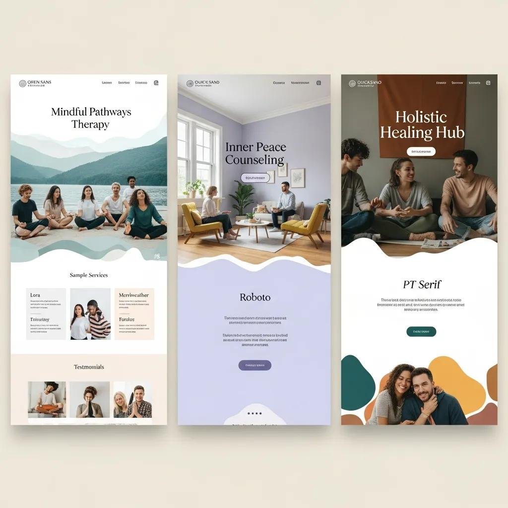 Collage of calming color palettes and professional fonts for therapy branding, emphasizing visual identity