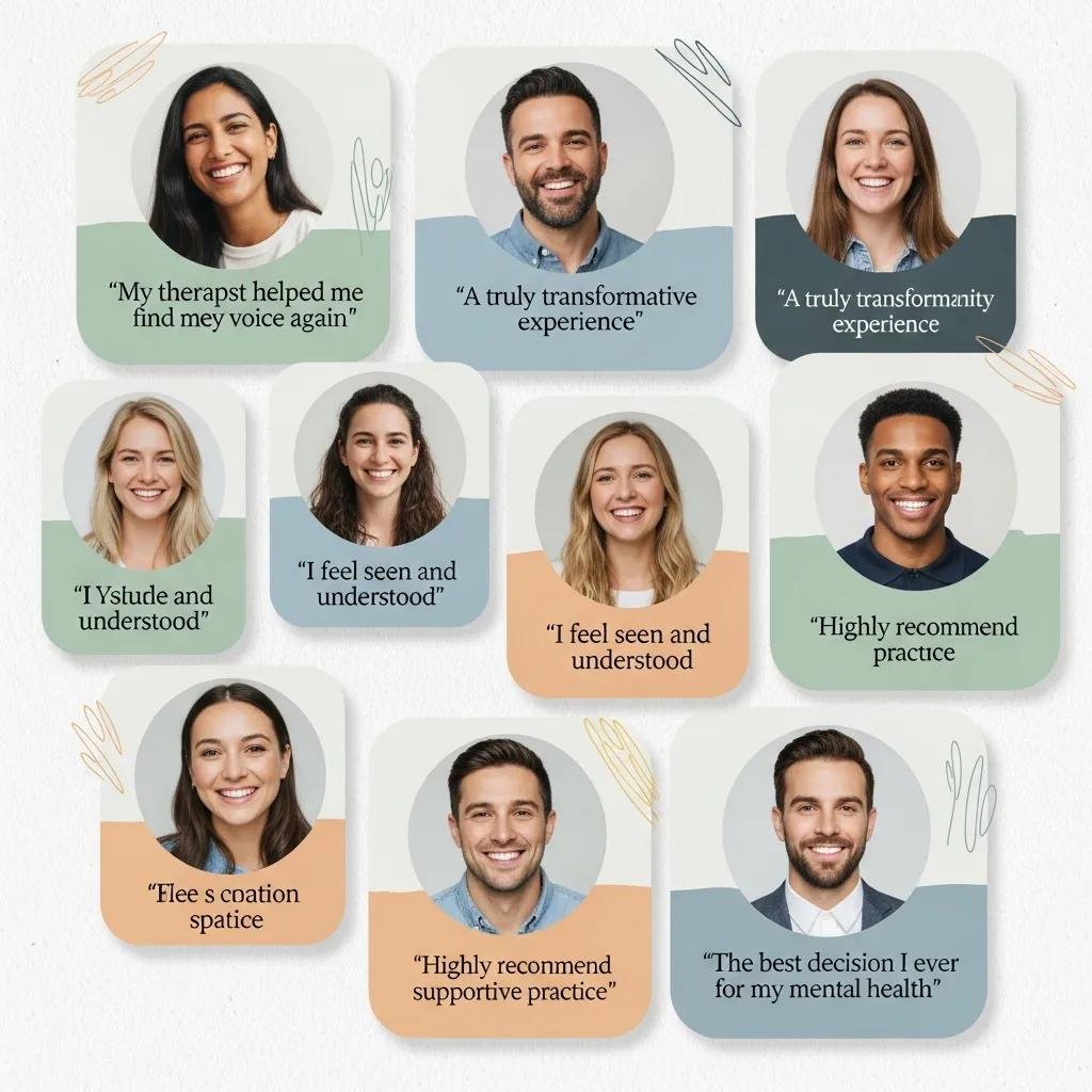 Collage of client testimonials showcasing positive feedback about therapy services, enhancing trust and credibility