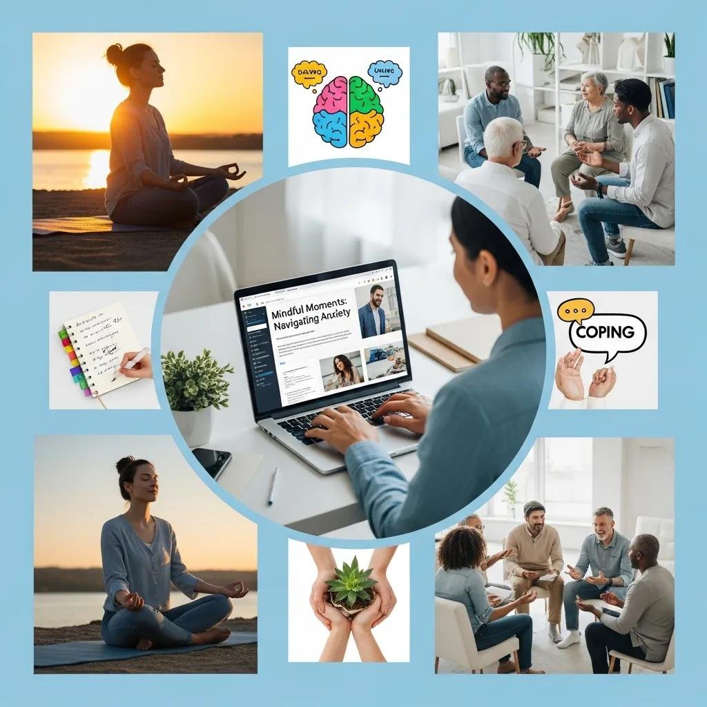 Collage of engaging mental health topics for therapy blogs, including writing, mindfulness, and group therapy