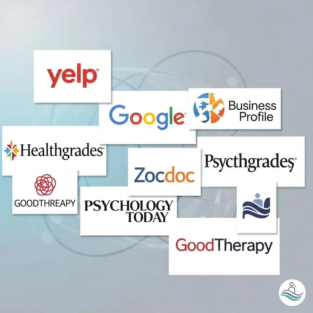 Collage of online directory logos for therapists, highlighting effective local citation sources